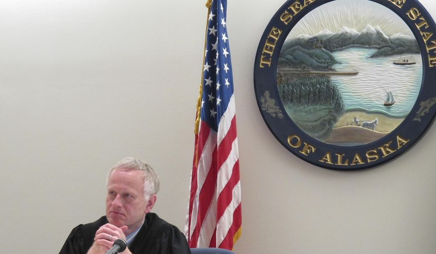 Alaska Superior Court Judge Philip Pallenberg is shown during a pre-trial hearing for Mark Desimone on Tuesday, April 24, 2018, in Juneau, Alaska. Desimone, a former Arizona legislator, is charged in the shooting death of a man during a hunting and fishing trip in southeast Alaska in 2016. (AP Photo/Becky Bohrer)