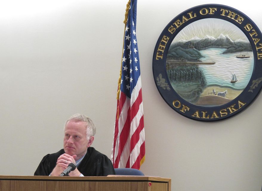 Alaska Superior Court Judge Philip Pallenberg is shown during a pre-trial hearing for Mark Desimone on Tuesday, April 24, 2018, in Juneau, Alaska. Desimone, a former Arizona legislator, is charged in the shooting death of a man during a hunting and fishing trip in southeast Alaska in 2016. (AP Photo/Becky Bohrer)