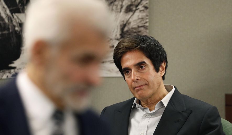 Illusionist David Copperfield appears in court Tuesday, April 24, 2018, in Las Vegas. Copperfield testified in a negligence lawsuit involving a British man who claims he was badly hurt when he fell while participating in a 2013 Las Vegas show. (AP Photo/John Locher)