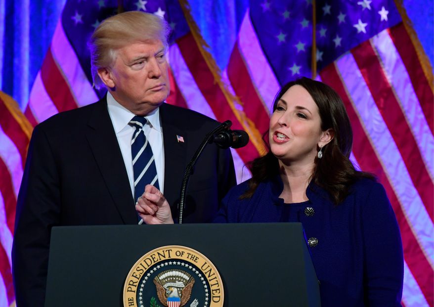 President Trump is shown here in this undated file photo with RNC Chairwoman Ronna Romney McDaniel.  (Associated Press/File)  **FILE**