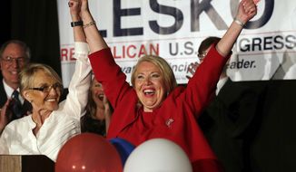 Republican U.S. Congressional candidate Debbie Lesko, right, celebrates her win with former Arizona Gov. Jan Brewer at her home, Tuesday, April 24, 2018, in Peoria, Ariz. Lesko ran against Democratic candidate Hiral Tipirneni for Arizona&#39;s 8th Congressional District seat being vacated by U.S. Rep. Trent Franks, R-Arizona. (AP Photo/Matt York)