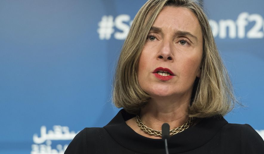 European Union foreign policy chief Federica Mogherini addresses the media during a conference &#x27;Supporting the future of Syria and the region&#x27; at the EU Council in Brussels on Wednesday, April 25, 2018. (AP Photo/Virginia Mayo)