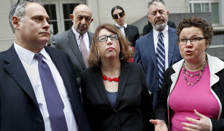 American Civil Liberties Union attorney Lee Gelernt, left, and Margo Schlanger, professor of law at the University of Michigan Law School, center, and ACLU attorney Miriam Aukerman, right, speak to reporters outside the Potter Stewart U.S. Courthouse, Wednesday, April 25, 2018, in Cincinnati. A federal appeals panel will hear arguments over a Trump administration effort to deport Iraqi nationals. A U.S. district judge in Detroit last year blocked the deportations to give the Iraqis time to make their cases to stay. Gelernt says many of them are Christians or other minority groups who fear being persecuted, tortured or killed if returned. (AP Photo/John Minchillo)