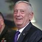 Then-Defense Secretary Jim Mattis, right, next to Joint Chiefs Chairman Gen. Joseph Dunford, smiles during a meeting with the Israeli delegation, including Israeli Minister of Defense Avigdor Lieberman, Thursday April 26, 2018, at the Pentagon. (AP Photo/Jacquelyn Martin) ** FILE **
