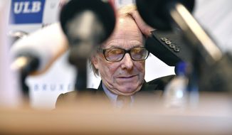 British director Ken Loach participates in a media conference prior to receiving an honorary degree from the Brussels ULB university in Brussels on Thursday, April 26, 2018. The university has come under criticism alleging it was too tolerant by awarding Loach an honorary doctorate, since the director has been accused in the past of anti-Semitism. (AP Photo/Geert Vanden Wijngaert)