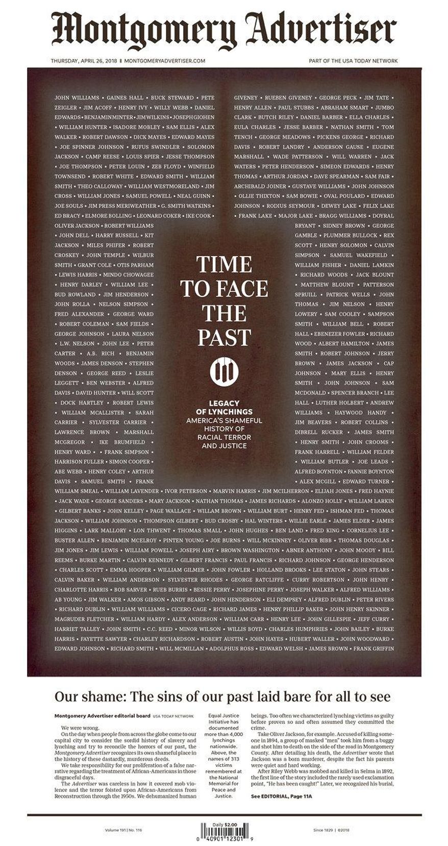 In this Thursday, April 26, 2018 image provided by the Montgomery Advertiser, the front page of the paper is shown, in Montgomery, Ala. Alabama's capital newspaper published a front-page apology for its "shameful" coverage of mob violence against African-Americans on Thursday as the first national memorial to lynching victims opened in the city. The Montgomery Advertiser was founded in 1829 and edited by a Confederate veteran after the Civil War.(Montgomery Advertiser, via AP)