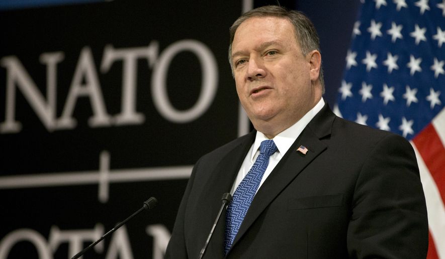 U.S. Secretary of State Mike Pompeo speaks during a media conference at the conclusion of a meeting of NATO foreign ministers at NATO headquarters in Brussels on Friday, April 27, 2018. Talks on Friday focused on strained ties with Russia, a fresh peace effort in Afghanistan and a new training mission for Iraq. (AP Photo/Virginia Mayo)
