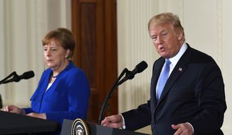 President Donald Trump speaks during a news conference with German Chancellor Angela Merkel in the East Room of the White House in Washington, Friday, April 27, 2018. (AP Photo/Susan Walsh)