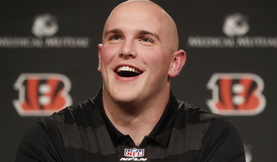 Cincinnati Bengals first-round NFL football draft pick Billy Price speaks during a news conference at Paul Brown Stadium, Friday, April 27, 2018, in Cincinnati. (AP Photo/John Minchillo)