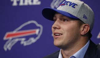 Buffalo Bills first-round draft pick Josh Allen addresses the media during an NFL football news conference Friday, April 27, 2018, in Orchard Park, N.Y. (AP Photo/Jeffrey T. Barnes)