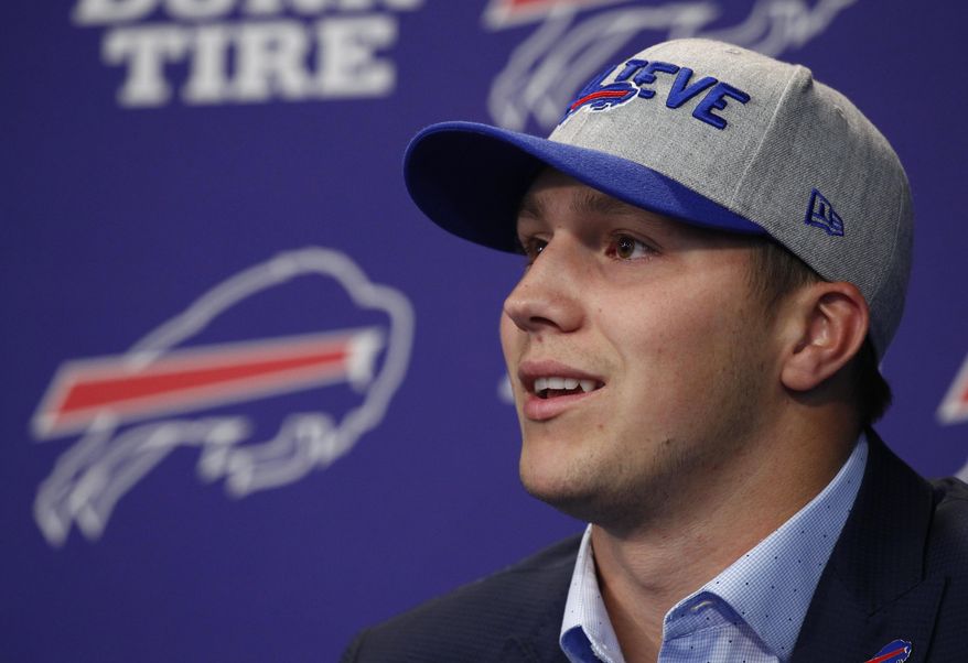Buffalo Bills first-round draft pick Josh Allen addresses the media during an NFL football news conference Friday, April 27, 2018, in Orchard Park, N.Y. (AP Photo/Jeffrey T. Barnes)