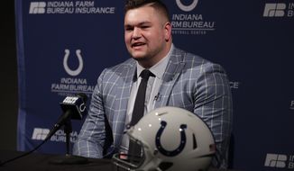 Quenton Nelson, the Indianapolis Colts first-round draft pick, talks about being a member of the team during a news conference at the NFL football team&#x27;s practice facility in Indianapolis, Friday, April 27, 2018. (AP Photo/Michael Conroy)