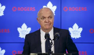 Toronto Maple Leafs NHL hockey general manager Lou Lamoriello speaks to reporters in Toronto, Friday, April 27, 2018. The Boston Bruins defeated the Maple Leafs in the first round of the playoffs. (Cole Burston/The Canadian Press via AP)