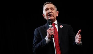 In this April 10, 2018, file photo, former U.S. Rep. Dennis Kucinich, of Ohio speaks during the Ohio Democratic Party&#x27;s fifth debate in the primary race for governor at Miami (OH) University&#x27;s Middletown campus in Middletown, Ohio. Kucinich is returning a $20,000 speaking fee he received last year from a group sympathetic to Syrian President Bashar Assad. The Democratic candidate for Ohio governor announced his decision in a letter sent Thursday, April 26, 2018, to The Plain Dealer. (AP Photo/John Minchillo, File)