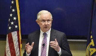 U.S. Attorney General Jeff Sessions addresses members of law enforcement and drug treatment specialists on Friday, April 27, 2018, at the Rimrock Foundation in Billings, Mont. The appearance comes as Montana has been grappling with rising violent crime linked to methamphetamine abuse. (AP Photo/Matthew Brown) **FILE**
