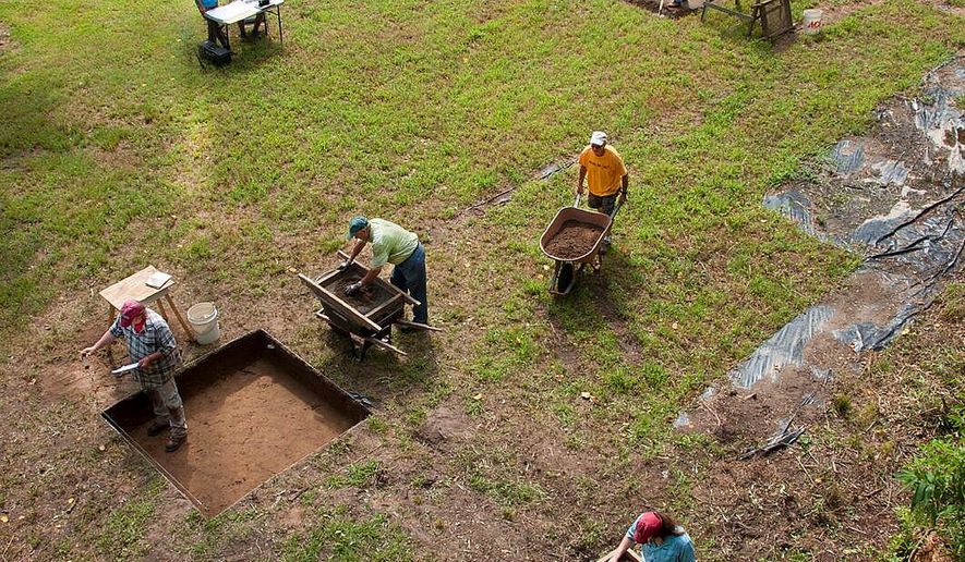 In this 2017 photo provided by Nicholas Luccketti with the First Colony Foundation, archaeologists excavate a site known as Site X, in Bertie County, N.C. (Bill Geiger/First Colony Foundation via AP)