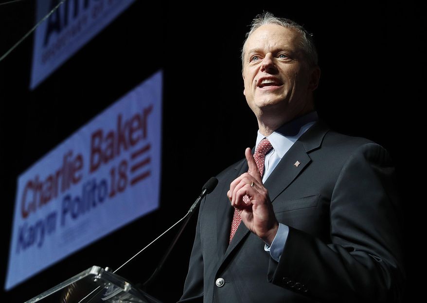 Massachusetts Gov. Charlie Baker addresses the Massachusetts Republican Convention at the DCU Center in Worcester, Mass., Saturday, April 28, 2018. (AP Photo/Winslow Townson)