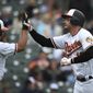 Baltimore Oriole&#39;s Trey Mancini, right, is congratulated by Jace Peterson after he hit a solo home run against the Detroit Tigers in the first inning of baseball game, Sunday, April 29, 2018, in Baltimore. (AP Photo/Gail Burton)