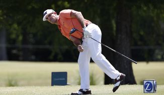 Bill Horschel reacts after hitting off the seventh tee during the final round of the PGA Zurich Classic golf tournament&#39;s two-man team format at TPC Louisiana in Avondale, La., Sunday, April 29, 2018. Horschel and teammate Scott Piercy defeated Pat Perez and Jason Dufner. (AP Photo/Tyler Kaufman)