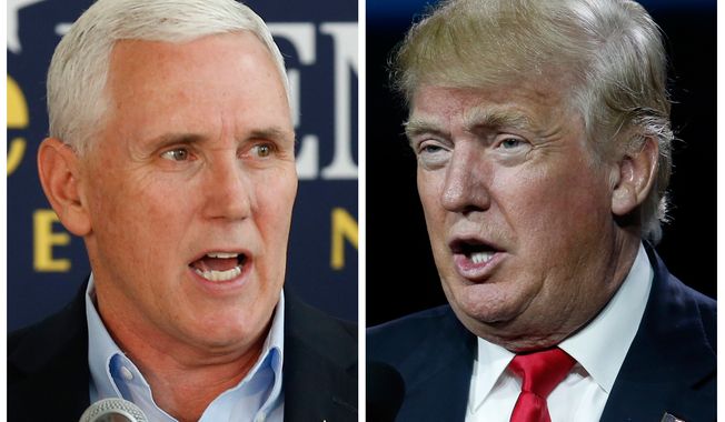 This photo combination of file images shows Indiana Gov. Mike Pence, left, and Republican presidential candidate Donald Trump. A major shake-up for Indiana politics could be coming this week as Trump considers Pence as his Republican vice presidential choice. Pence is expected to attend a fundraising event and rally in Indiana with Trump on Tuesday, July 12. (AP Photo/Michael Conroy, David Zalubowski)