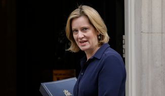 In this Thursday, Sept. 21, 2017, file photo Britain&#39;s Home Secretary Amber Rudd looks at the media as she arrives for a Cabinet meeting at 10 Downing Street, in London. Britain&#39;s interior minister resigned Sunday amid a scandal over authorities&#39; mistreatment of long-term U.K. residents wrongly caught up in a government drive to reduce illegal immigration. (AP Photo/Alastair Grant, File)