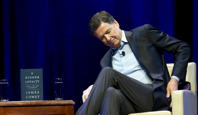 Former FBI director James Comey speaks during a stop on his book tour for &quot;A Higher Loyalty&quot; Monday, April 30, 2018, in Washington. ( AP Photo/Jose Luis Magana)