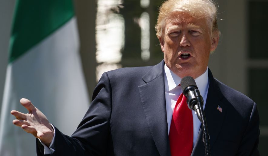 President Donald Trump speaks during a news conference with Nigerian President Muhammadu Buhari in the Rose Garden of the White House in Washington, Monday, April 30, 2018.(AP Photo/Carolyn Kaster)