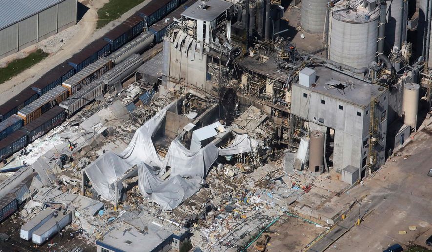 FILE - In this June 1, 2017 file photo, part of the Didion Milling Plant in Cambria, Wis., lies in ruins following an explosion. Federal safety inspectors say an air filter blew off a corn grinding device shortly before a deadly explosion demolished the southern Wisconsin corn mill last summer. Officials with the U.S. Chemical Safety and Hazard Investigation Board held a news conference Monday, April 30, 2018, to discuss preliminary findings from their investigation into the blast at Didion Milling Plant in Cambria on May 31. Five workers were killed and 14 were injured.(John Hart/Wisconsin State Journal via AP, File)