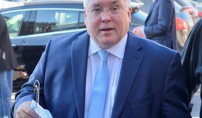 Patrick Morrisey heading into the Fox News GOP debate on Tuesday, May 1, 2018, in Morgantown, W. Va. (William Wotring /The Dominion-Post via AP)