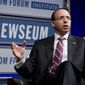 Deputy Attorney General Rod Rosenstein speaks during an event at the Newseum, Tuesday, May 1, 2018 in Washington. Rosenstein says the Justice Department is still reviewing its policy that makes it difficult for prosecutors to subpoena reporters about their sources. Justice Department policy on news media subpoenas has evolved over the years. But the current policy requires high levels of approval before a reporter can be subpoenaed. (AP Photo/Andrew Harnik)