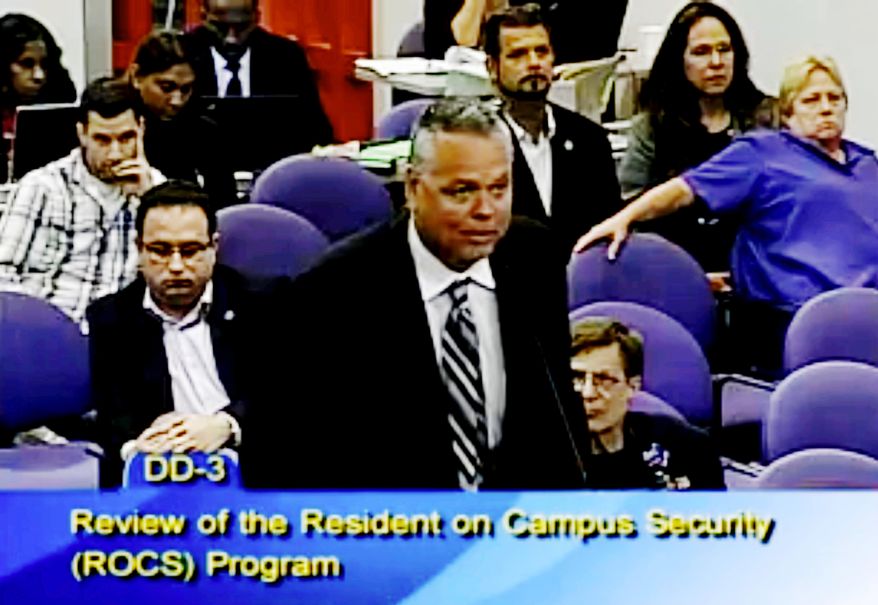 In this Feb. 18, 2015, file frame from video from Broward County Public Schools, school resource officer Scot Peterson talks during a school board meeting of Broward County, Fla. Meadow Pollack was among the 17 killed on Valentine’s Day in a freshman building at Marjory Stoneman Douglas High School in Parkland, Fla. Her father, Andrew Pollack, said Peterson, the former sheriff’s deputy and the school’s resource officer, is his main target in the wrongful death lawsuit filed Monday, April 30, 2018, in Broward County. (Broward County Public Schools via AP, File)