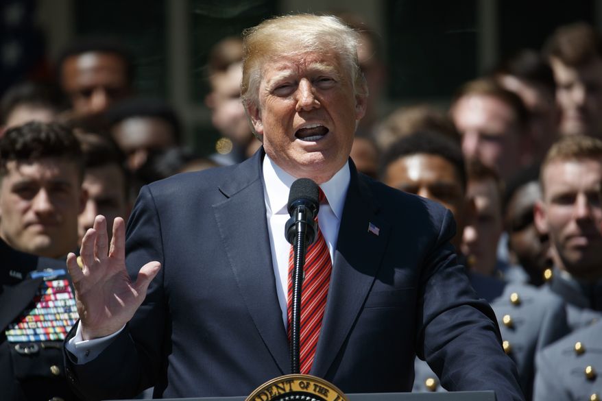 President Donald Trump speaks during a ceremony to present the Commander in Chief trophy to the U.S. Military Academy football team in the Rose Garden of the White House, Tuesday, May 1, 2018, in Washington. (AP Photo/Evan Vucci)