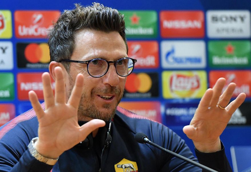 AS Roma's head coach Eusebio Di Francesco listens to a reporter's question during a press conference at the Olympic stadium, in Rome, Tuesday, May 1, 2018. AS Roma will face Liverpool in a Champions League semi-final return leg in Rome on Wednesday. (Ettore Ferrari/ANSA via AP)