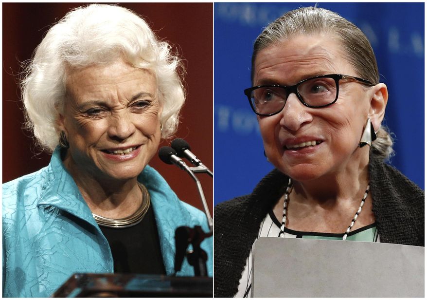 This combination photo shows retired Supreme Court Justice Sandra Day O'Connor accepting the Minerva Award during the Women's Conference in Long Beach, Calif. on Oct. 26, 2010, left, and U.S. Supreme Court Justice Ruth Bader Ginsburg at the Georgetown University Law Center campus in Washington on Sept. 20, 2017. A TV drama about the lives and careers of Sandra Day O'Connor and Ruth Bader Ginsburg is in the works. A spokeswoman for Alyssa Milano said Tuesday that the actress' company, Peace Productions, is joining with PatMa Productions to develop the limited series. (AP Photo)
