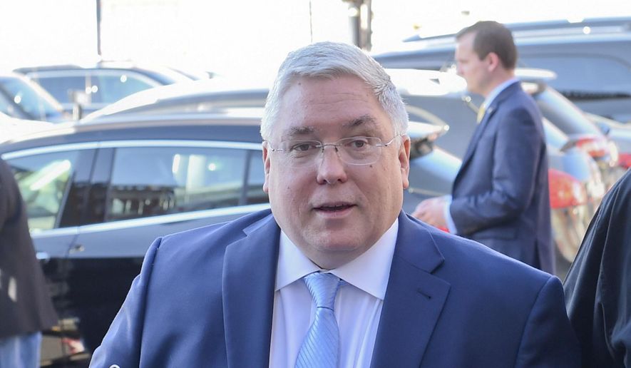 Patrick Morrisey heading into the Fox News GOP debate on Tuesday, May 1, 2018,  in Morgantown, W. Va. (William Wotring /The Dominion-Post via AP)