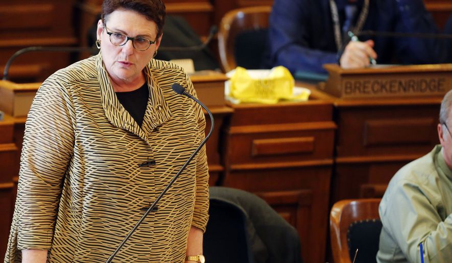 In this Tuesday, May 1, 2018 photo, Rep. Vicki S. Lensing (D-Iowa City) speaks on the floor of the Iowa House as legislators debate the an abortion bill at the state capitol in Des Moines, Iowa. Republican lawmakers with control of the Iowa statehouse fast-tracked a bill early Wednesday that would ban most abortions once a fetal heartbeat is detected, usually around six weeks of pregnancy, sending what could be the nation&#x27;s most restrictive abortion legislation to the governor. (Zach Boyden-Holmes/The Des Moines Register via AP)