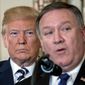 Secretary of State Mike Pompeo, accompanied by President Donald Trump, speaks during a ceremonial swearing in at the State Department, Wednesday, May 2, 2018, in Washington. (AP Photo/Andrew Harnik)