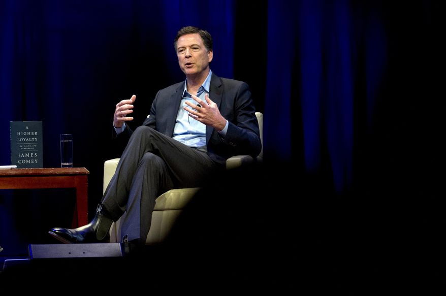 Former FBI director James Comey speaks during a stop on his book tour Monday, April 30, 2018, in Washington. ( AP Photo/Jose Luis Magana)
