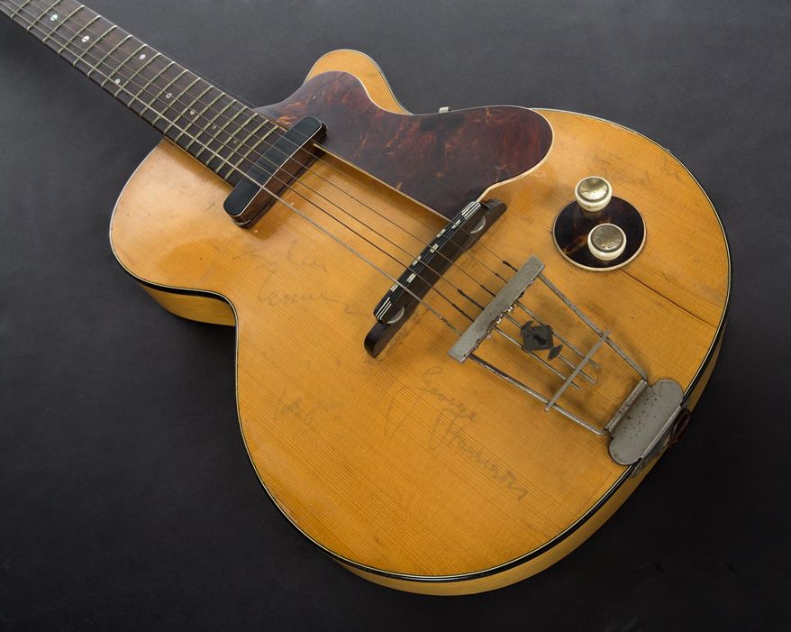 This image provided by Julien&#39;s Auctions shows George Harrison’s first electric guitar. The auction house estimates the guitar will sell for between $200,000 and $300,000. (Julien&#39;s Auctions via AP)