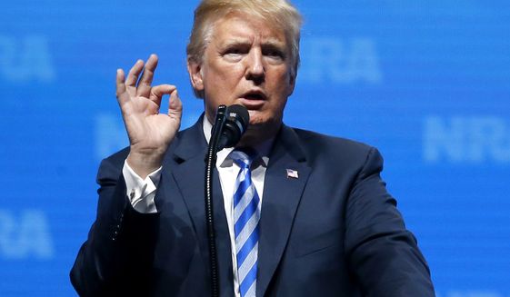 President Donald Trump gestures as he speaks at the National Rifle Association annual convention in Dallas, Friday, May 4, 2018. (AP Photo/Sue Ogrocki)