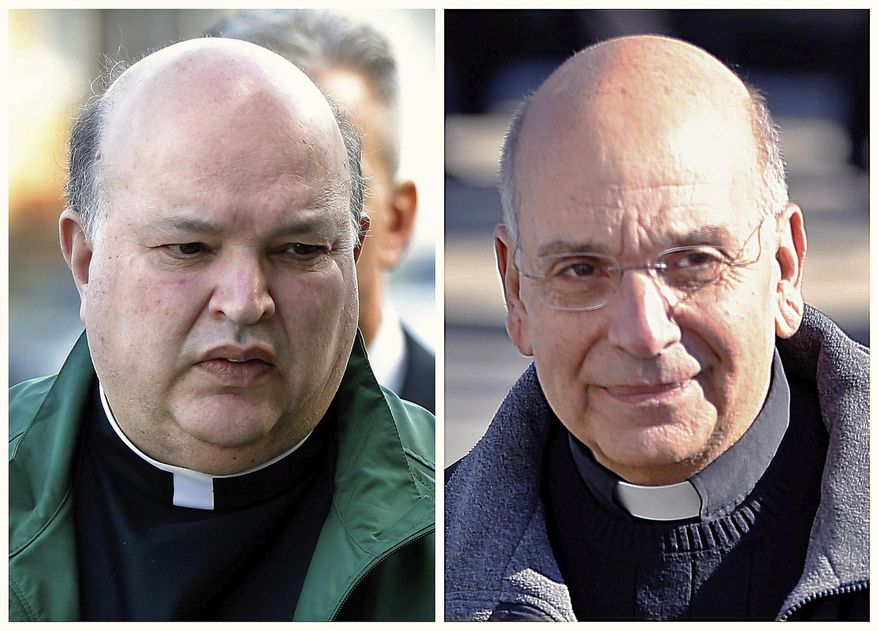 FILE - This combination of file photos from March 18, 2016, shows Anthony Criscitelli, left, and Robert D'Aversa, right, when the Franciscan friars were arraigned on charges of child endangerment and criminal conspiracy at a district magistrate in Hollidaysburg, Pa. Criscitelli and D'Aversa were sentenced to five years of probation Friday, May 4, 2018, in Altoona, Pa., after pleading no contest to endangering the welfare of children over their supervision of another friar who killed himself while under investigation for molesting more than 100 children. (AP Photo/Keith Srakocic, File)
