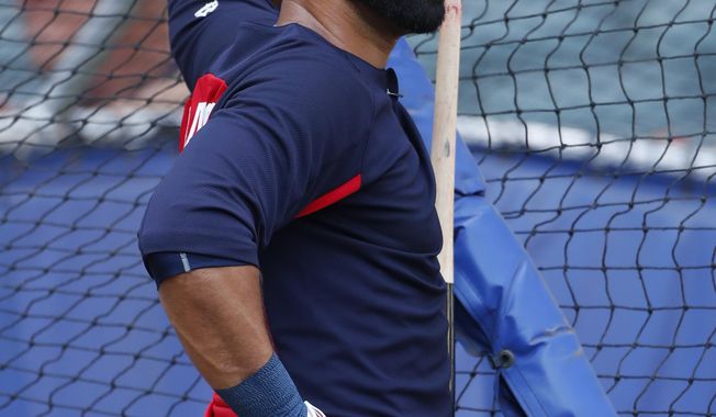 Atlanta Braves&#x27; Jose Bautista attends batting practice before making his first start with the team after being called up from Triple A Gwinnett, Friday, May 4, 2018, in Atlanta. The Braves are hosting the San Francisco Giants in a baseball game. (AP Photo/John Bazemore)