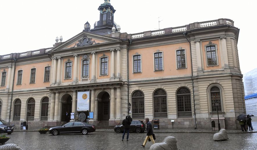 The old Stock Exchange Building, home of the Swedish Academy in Stockholm on Thursday May 3, 2018.  For the first time since 1943, there&#x27;s a notable risk that no Nobel Prize in literature will be awarded this year. (Fredrik Sandberg/TT via AP)