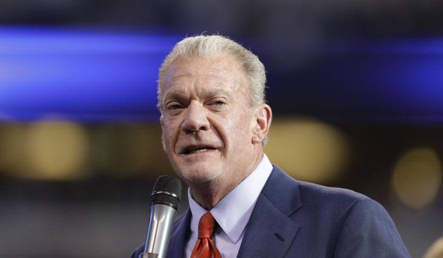 FILE - In this Jan. 1, 2017 file photo, Indianapolis Colts owner Jim Irsay speaks before former general manager Bill Polian is inducted into the team's Ring of Honor during half time of an NFL football game in Indianapolis. The founding document of Alcoholics Anonymous, known to adherents as the "Big Book," has been sold at auction for $2.4 million to Irsay. The auction house Profiles in History says the manuscript with handwritten notes from group's founding fathers, sold to Irsay on Saturday, May 5, 2018, in Los Angeles. (AP Photo/Darron Cummings, File)