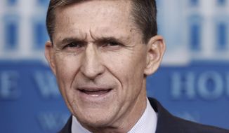In this Feb. 1, 2017, photo, then-National Security Adviser Michael Flynn speaks during the daily news briefing at the White House, in Washington. (AP Photo/Carolyn Kaster) ** FILE **