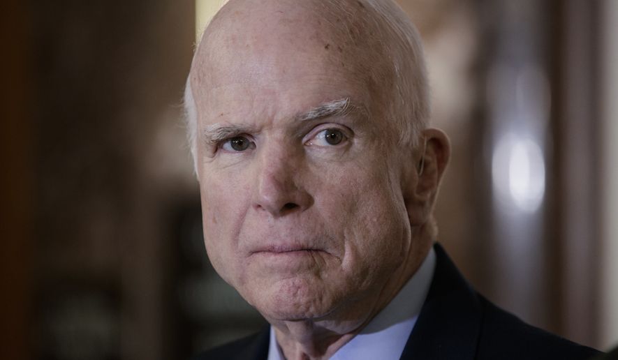 Senate Armed Services Chairman John McCain, R-Ariz., pauses before speaking to reporters during a meeting of the National Defense Authorization Act conferees, on Capitol Hill in Washington, Wednesday, Oct. 25, 2017. (AP Photo/J. Scott Applewhite) ** FILE **