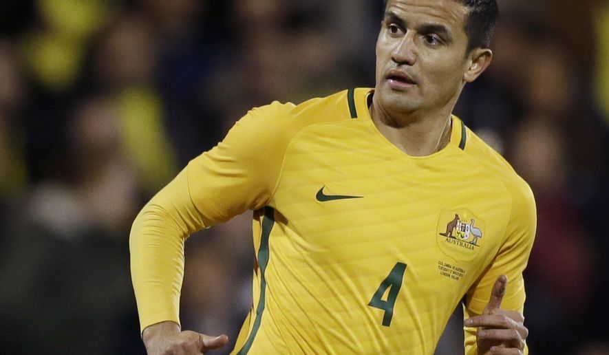 FILE - In this March 27, 2018, file photo, Australia&#39;s Tim Cahill plays during a friendly soccer match between Colombia and Australia in London. Tim Cahill has been included in Australia&#39;s provisional squad for this year&#39;s World Cup in Russia, boosting his prospects of being selected for a fourth World Cup. (AP Photo/Tim Ireland, File)