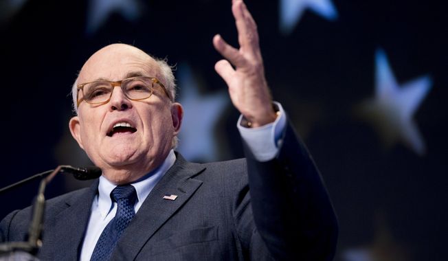 Rudy Giuliani, an attorney for President Donald Trump, speaks at the Iran Freedom Convention for Human Rights and democracy at the Grand Hyatt, Saturday, May 5, 2018, in Washington. (AP Photo/Andrew Harnik)