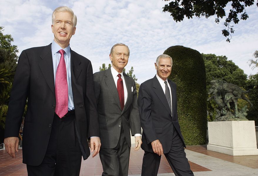 Former California Governors, Gray Davis, left, Pete Wilson, center, and George Deukmejian make a return appearance, Friday, May 13, 2005, on California Connected, a public television newsmagazine broadcast, for a roundtable discussion about the legislative changes they proposed on the program last season, held at The Huntington Library in San Marino, Calif. (AP Photo/Damian Dovarganes)