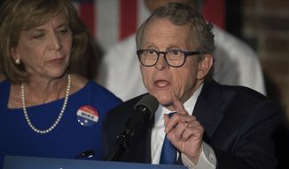 Ohio Attorney General and Republican gubernatorial candidate Mike DeWine addresses supporters after winning the primary election, Tuesday, May 8, 2018, in Columbus, Ohio. (AP Photo/Bryan Woolston)